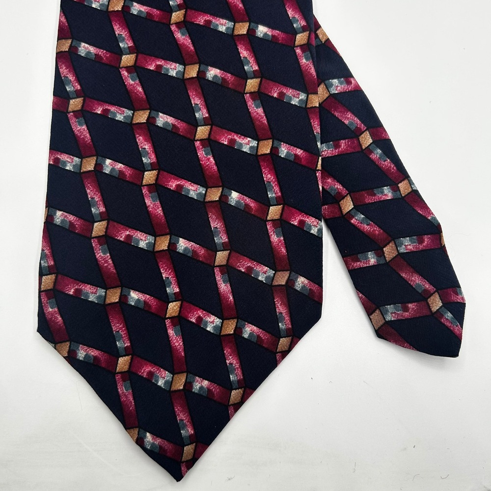 Christian‎ Dior Monsieur Mens Silk Tie Navy Burgundy Geometric Lattice Vintage